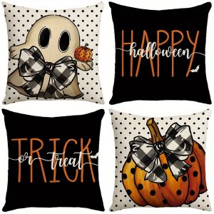 4pcs Vibrant Halloween Plaid Throw Pillow Covers Set