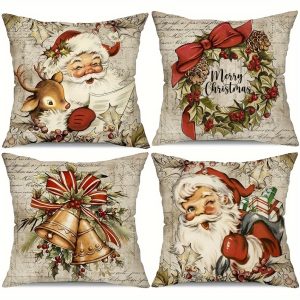 4pcs Vintage Christmas Linen Pillowcases Set