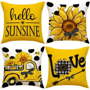 4pcs Sunflower Patterned Fresh Style Linen Blend Cushion Covers