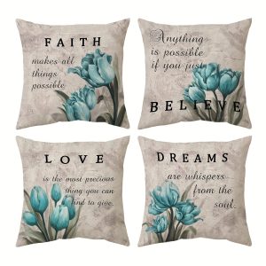 4PCS Teal Tulip Floral Plush Throw Pillow Covers