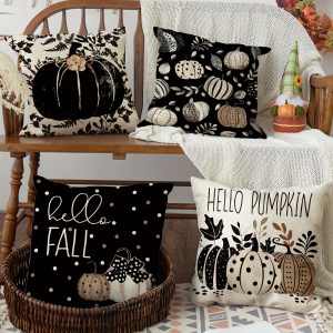 Set of 4 Fall Hello Pumpkin Leaves Throw Pillow Covers