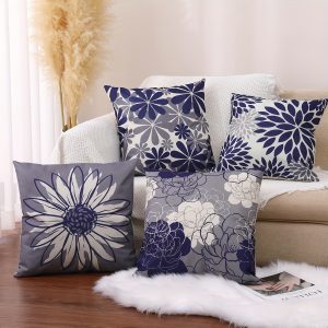 Set of 4 Daisy Print Linen Pillow Covers